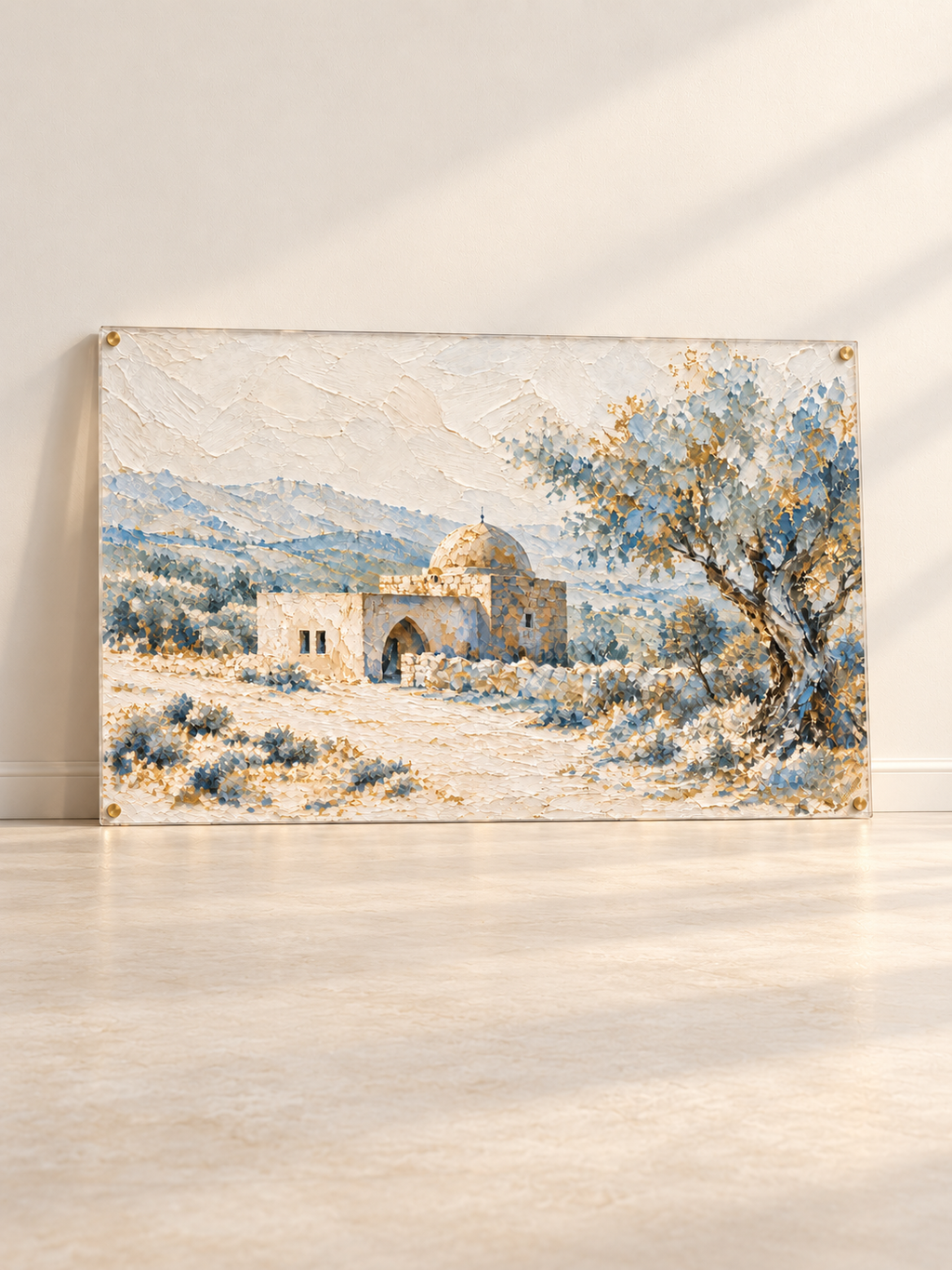 Kever Rachel — A Soft Stillness — lucite art with gold standoffs