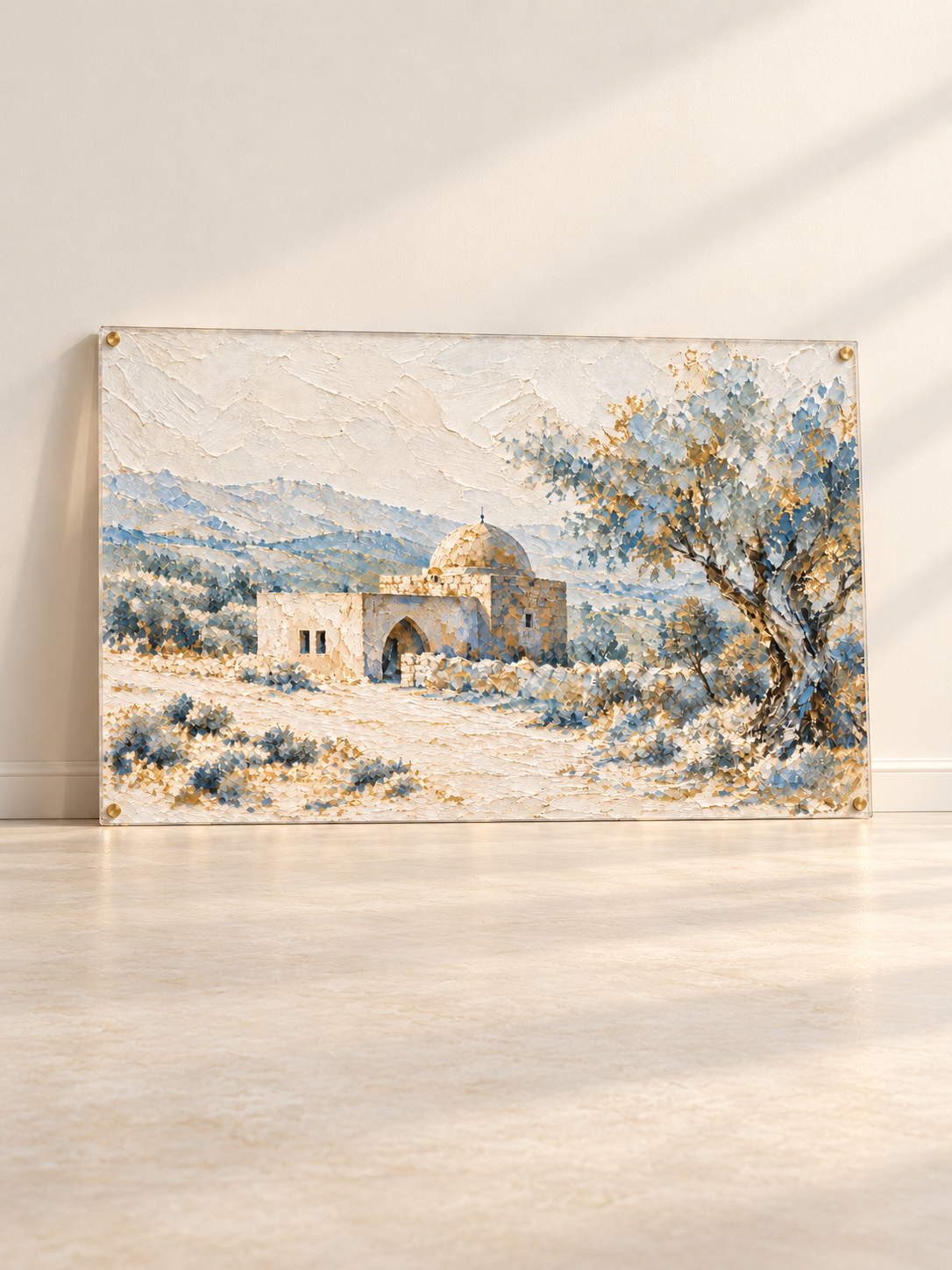 Kever Rachel — A Soft Stillness — lucite art with gold standoffs