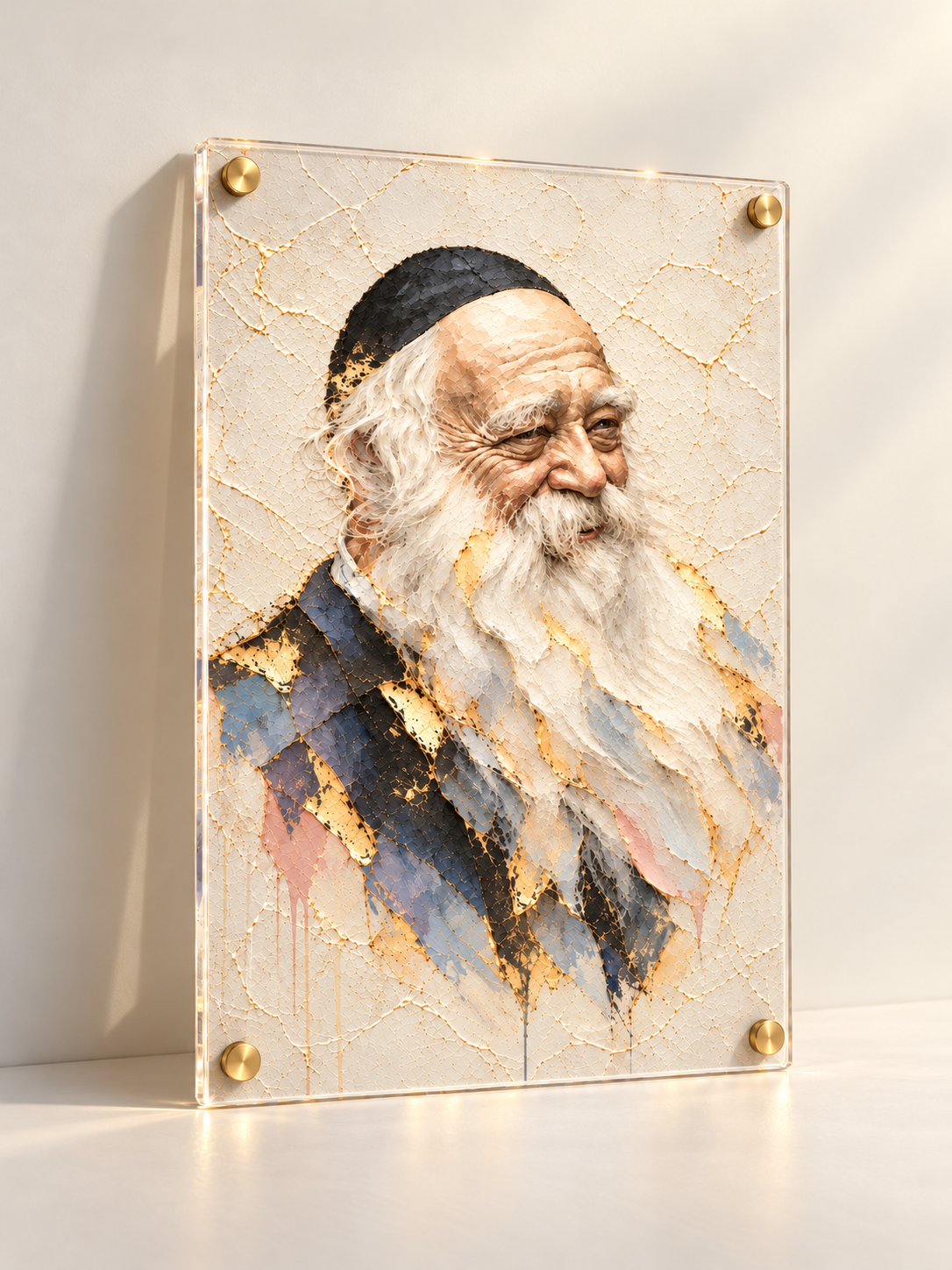 Rav Chaim Kanievsky — lucite art with gold standoffs