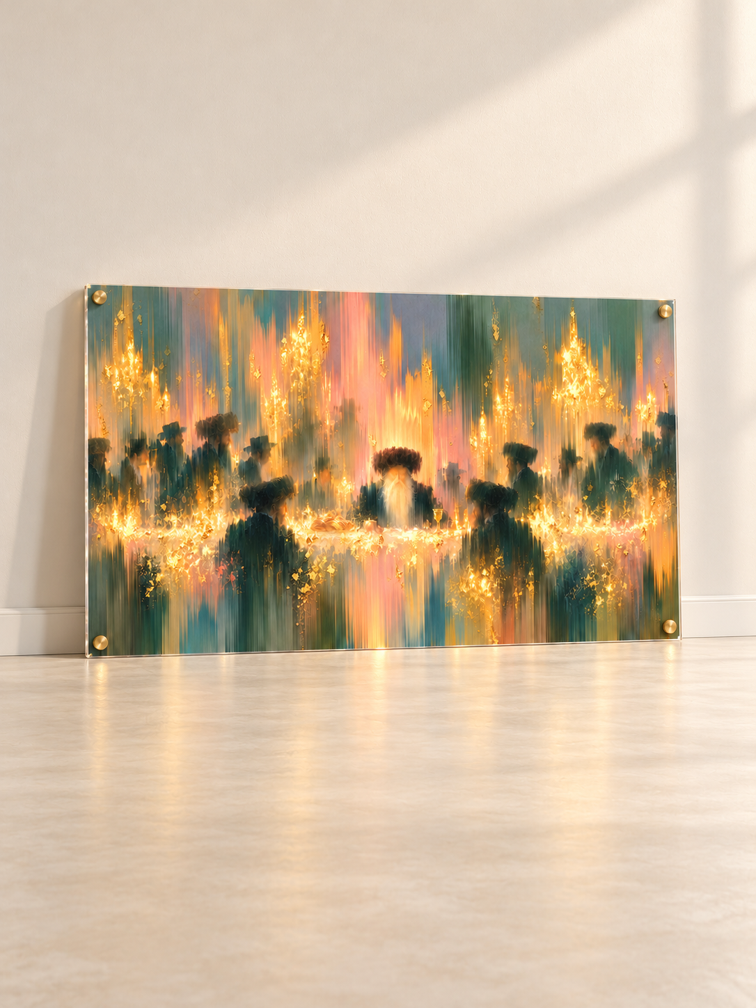 Rebbe’s Tish — Reaching the Heights — lucite art with gold standoffs